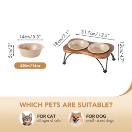Havniva Ceramic 5.5-inch Raised Double-Bowl Set with Non-Slip Stand, Food & Water Dishes for Puppies and Cats, Wide Opening with Rounded Edges(Oat Beige)
