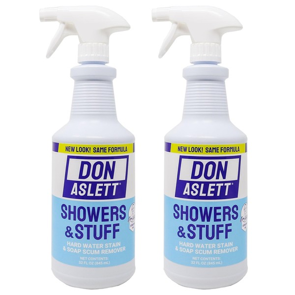 Don Aslett Showers and Stuff (32 Oz Spray Bottle, Pack of 2) Hard Water Stains and Soap Scum Remover | Cleans Bathroom Rust, Grout Tile Lines, Fiberglass Tub, Glass Shower Door Surfaces