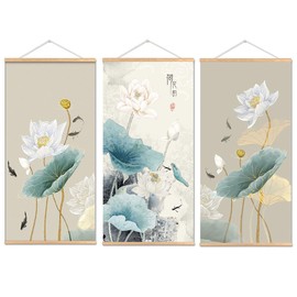 Bocnity Asian Wall Art, 3 Pack Fixed Wooden Hanging Scroll Set Lotus Wooden Hanging Scroll Chinese Traditional Wall Art Wall Art traditional Ink Decor for Living Room