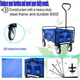 Folding Wagon Cart Beach Wagon Utility Wagon Cart Outdoor Heavy Duty Garden Portable Hand Cart with All-Terrain Wheels & Adjustable Handle-Blue