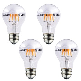 Lxcom Lighting A19 Half Chrome Silver LED Light Bulb 8W Dimmable Silver Bowl Tipped Mirror Bulbs 80W Equivalent Warm White 2700K E26 E27 Base Decorative Filament Vintage Edison Bulb, AC110V(4 Pack)