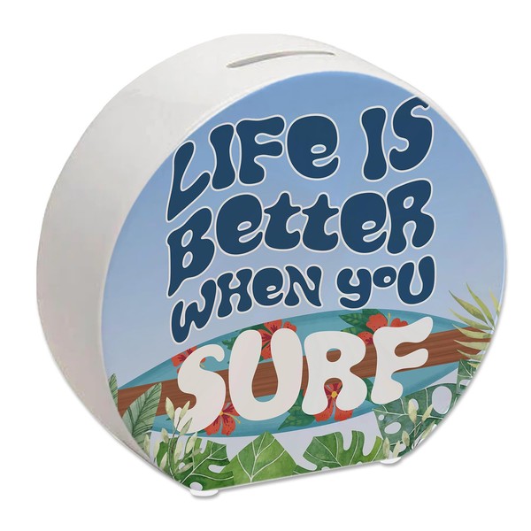 Money Box with Beautiful Surfboard Motif and Saying - Life