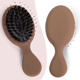 SunHer Mini Boar Bristle Hair Brush - Boar & Nylon Bristle Small Brush for Women Kids Long Short Hair to Smooth Add Shine - Travel Size for Purse,Pocket - Brown