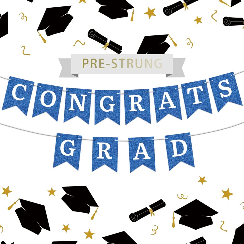 Graduation Banner Pre-strung Congrats Grad Banner Blue Glittering Process Paper
