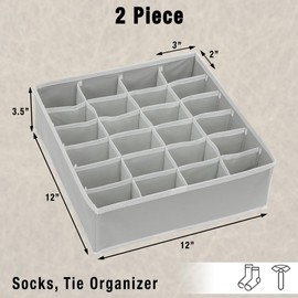 Simple Houseware 2 Pack Closet Sock Organizer, 24 Cell Drawer Divider, Gray