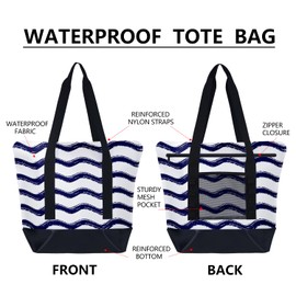 Cliduli Beach Tote Bag for Women Waterproof Large Capacity Navy Blue and White Stripes Shoulder Handbags with Pockets for Beach
