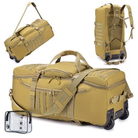 KSIBNW Duffel Bag with Wheels and Handle, 4 In 1 Military Large Roller Duffle Bag for Travel, 86L Tactical Waterproof Backpack with Hidden Straps,Durable MOLLE Luggage for Men & Women, Khaki