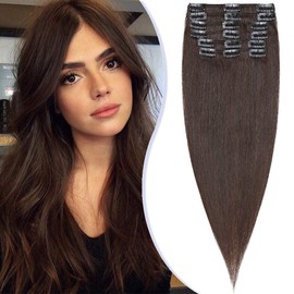 DOUBLE DRAWN Clip in Hair Extensions Real Human Hair - 100% Remy Hair 8 Pcs Full Head - #2 Dark Brown - 24 Inch 90g (Thin Thickness)