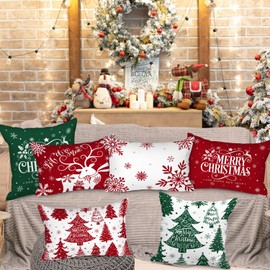 Lanpn White and Red 16x24 Christmas Lumbar Pillow Covers Set of 4, Decorative Rectangle Long 16 x 24 Winter Snowflake Throw Pillow Case Xmas Cushion Cover for Indoor House Sofa Red