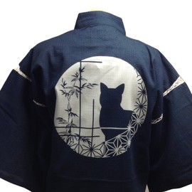 Edo-Ten Jinbei Shijira Weave, Cool Summer, 100% Cotton, Discharge Cat Pattern, Original Kimono, Summer Clothing, Men's, Size M - 5L, Cat navy blue with round window