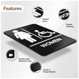 DALLAHASEE ADA Braille Handicap Men and Women Bathroom Signs 9”x 6”- Pack of 1 - ABS Plastic Restroom Signs for Business with Double Sided Strong Tape for Offices, Businesses, and Restaurants