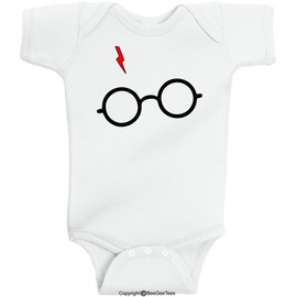 BeeGeeTees Wizard Glasses and Scar Lightning Bolt Funny Baby One Piece Bodysuit (Unisex-Baby) (Newborn, White)