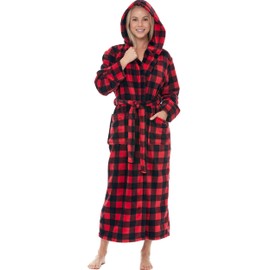 Alexander Del Rossa Women's Robes, Long Plush Bathrobe, Womens Robe with Hood, Hooded Robes for Women Plus Size Robe Red Black Buffalo Check Plaid Medium (A0116AEAMD)