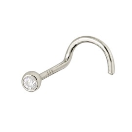 Solid 14Kt White/Yellow Gold Bezel Set Moissanite Nose Screw Stud - 22G Cork-screw Nose Stud - April Birthstone Nose Ring Stud, Metal, moissanite