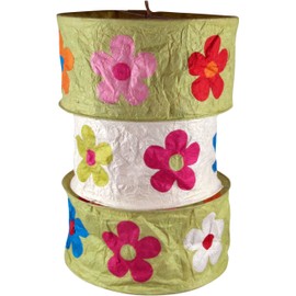 GURU SHOP Lokta Round Boho Paper Pendant Lampshade Lhasa, Handmade Paper - Green, Lokta Paper, 42 x 28 x 28 cm, Asian Paper & Fabric Lampshades