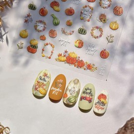 Autumn Pumpkin Nail Stickers Fall Nail Art Decals 5D Embossed Self-Adhesive Pumpkin Flower Nails Design Stickers Thanksgiving Nails Decorations for Women DIY Manicure 2 Sheets