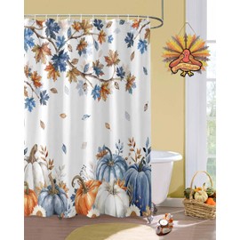 Blue Orange Pumpkin Fall Fabric Shower Curtain, Maple Leaves Farmhouse Funny Shower Curtains for Bathroom Set with Hooks, Thanksgiving Decorations Waterproof & Washable Bath Curtains Decor 72x72 inch