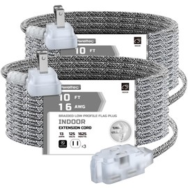 AWLETEC 2 Pack Extension Cord 3-Outlet, 10 Ft Braided Cable, 3 Polarized Outlets with Safety Cap Protect for Home Office, 16/2 SPT-2 UL Listed, Black/White