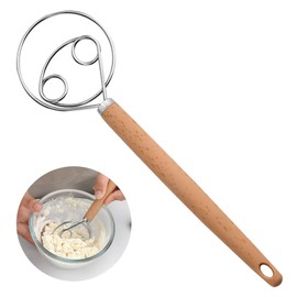 Danish Dough Whisk, Danish Dough Whisk, 10 Inch Dutch Whisk, Egg Beater with Plastic Handle, Mixer, Stainless Steel, Double Holes for Bread Dough, Pastry or Pizza Dough