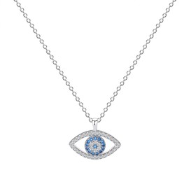 SQKXKLCZ 925 Sterling Silver Blue Evil Eye In White Blue Small Cubic Zirconia Eye CZ Pendant Necklace,Rolo Chain 16"+2"
