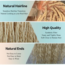 LEOSA 613 Full Lace Braided Wigs for Women Long Boho Knotless Braided Wigs With Boho Curly End Synthetic 360 Lace Front Box Braid Glueless Wig with Baby Hair Blended Braide Golden Blonde Wig