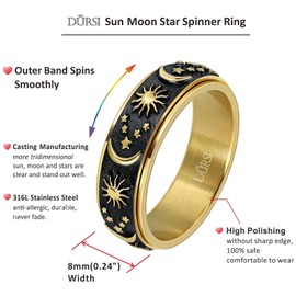 DURSI Sun Moon and Star Spinner Fidget Ring for Anxiety for Men Women Stainless Steel Rotating Engagement Wedding Band 8MM, 12, Metal, Sandstone