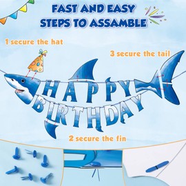 Shark Happy Birthday Banner - Shark Party Decorations for Kids Boys Pre-strung Shark Birthday Banner Ocean Theme Party Supplies Beach Under The Sea Theme Party Hanging Wall Decor