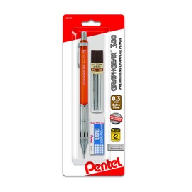 Pentel Arts GraphGear 300 - Lápiz mecánico (0,3 mm), línea extrafina, barril naranja, con borrador de bloque pequeño + 1 tubo de plomo
