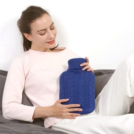 samply Hot Water Bottle with Knitted Cover, 2L Hot Water Bag for Hot and Cold Compress, Hand Feet Warmer, Navy Blue