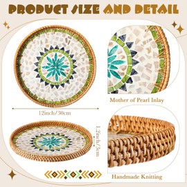 Tiangrid 3 Pcs Round Rattan Tray with Mother of Pearl Inlay Wicker Serving Tray with Wooden Base Boho Decorative Wicker Basket for Table Decor Bathroom Candle Perfume(Vintage Style)