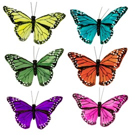 Berfutall- Feather Butterfly Decorations Set of 12 Vibrant Multi Colored Craft Butterflies on Wire .Party Spring Home Decor Floral Pick