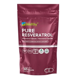 Wellthy Pure Resveratrol 180 Cápsulas. 1200mg por Porción, 90 Porciones por Envase, VCaps Cápsulas Veganas, Bottle Free.
