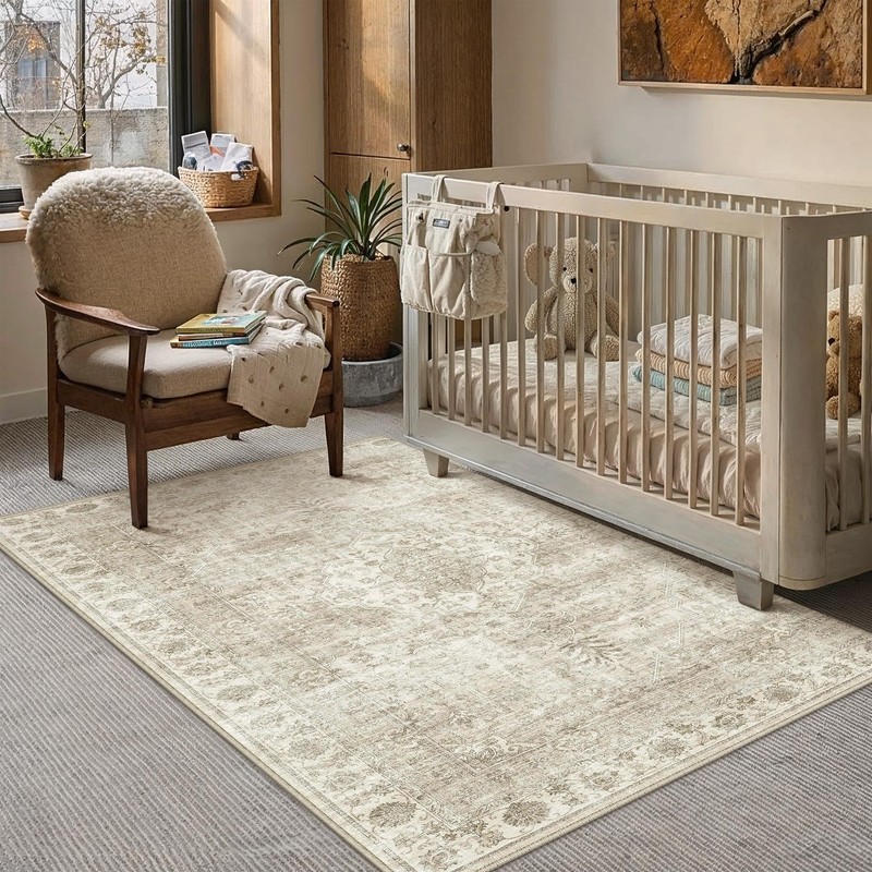 PureCozy 4x6 Beige Washable Area Rug Non Slip Vintage Carpet