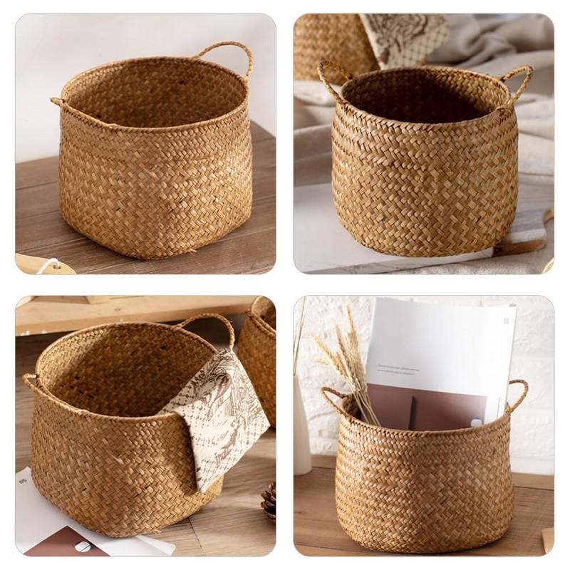 Kichvoe Rattan Storage Boxes With Handles - Cane Seagrass Plant