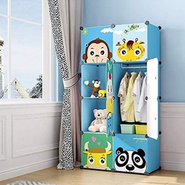 MAGINELS Children Wardrobe Kid Dresser Cute Baby Portable Closet Bedroom Armoire Clothes Hanging Storage Rack Cube Organizer Large Blue 6 Cube & 1 Hanging Section
