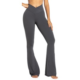 Sunzel Flare Leggings, Crossover Yoga Pants with Tummy Control, High-Waisted and Wide Leg, 32" Inseam, Dark Grey Small