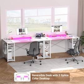 Armocity Computer Desk with LED Lights, 55 Inch Desk with Power Outlet and USB, Reversible Large Desk with Moveable Monitor Stand, 55.2'' Gaming PC Table for Home Office, Workstation, Pink and White