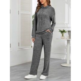 Famulily Ladies Tracksuit Sets Cowl Neck Long Sleeve Co Ord Set with Drawstring Pockets Loungewear Outfits Dark Grey M
