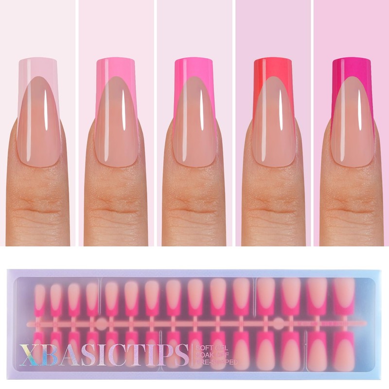 Misssix XBASICTIPS Uñas postizas francesas rosas, 150 unidades, largas y