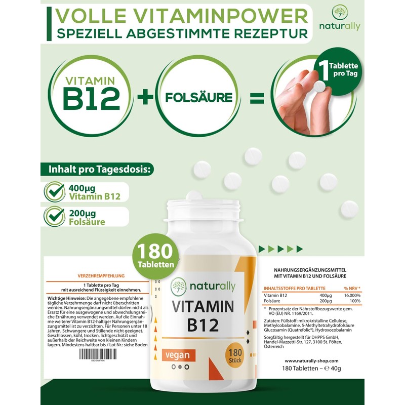 Natural Vitamin B12 Tablets with Folic Acid - 180 Tablets