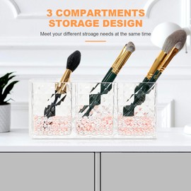 Obsoorth Makeup Brush Holder 3 Slots Acrylic Clear Hair Brush Holder with Pink and White Pearls, Makeup Organizer Brushes for Vanity Office and Bathroom