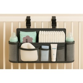 HOGARCOSAS Crib Side Diaper Organizer Caddy with Bottle Holders, Mesh Storage Pockets, Black