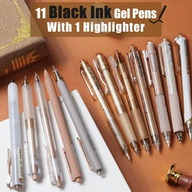 Four Candies 12Pack Pastel Gel Ink Pen Set, 11 Pack Black Ink Pens with 1Pack Highlighter for Writing, Retractable 0.5mm Fine Point Gel Pens, Cute Note Taking Pens for School Office (Brown)