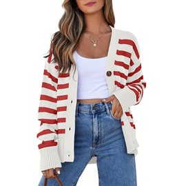 EVALESS Womens Striped Christmas Cardigan Sweaters Fashion 2024 Fall Winter Long Sleeve V Neck Lightweight Cardigans Open Front Button Down Knit Sweater Tops Red Stripe X-Small