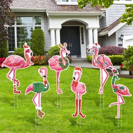 6 Pcs Christmas Flamingo Yard Signs with Stakes Pink Flamingo Yard Lawn Decorations Tropical Flamingo Sign Large Waterproof Christmas Yard Christmas Party Supplies for Outdoor Garden Xmas Photo Props