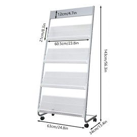 Vmsiuory 4-Layer Iron Magazine Rack with Wheels, Newspaper Rack, Display Rack, Silver (63)