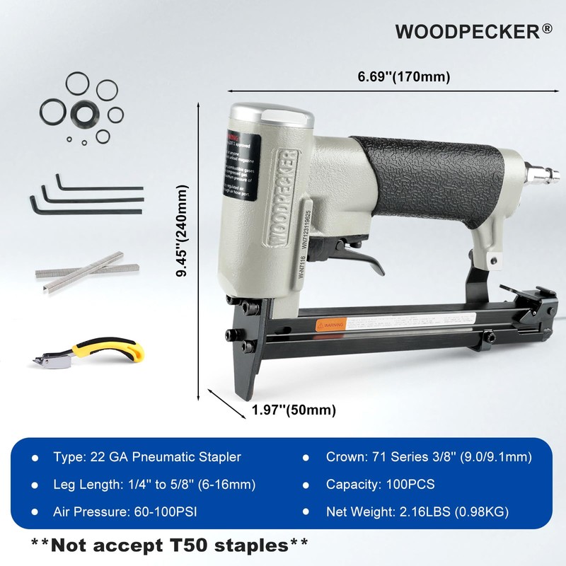 WOODPECKER N7116 Upholstery Stapler 22 Gauge 3/8-Inch Crown Pneumatic Upholstery
