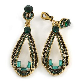 Long Emerald Green Crystal Loop Clip On Earrings In Antique Gold Tone/Vintage Inspired - 60mm L