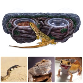 AIICIOO Crested Gecko Feeding Ledge Double Bowl Reptile Vine Food Ledge with 4 PCS Cup Corner Water Bowl for Lizard Snake Bearded Dragon Frog Turtle Terrarium Tank Decor