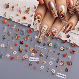 2 Sheets Maple Leaf Nail Art Sticker 5D Embossed Thanksgiving Pumpkin Nail Stickers Pinecone Rose Ginkgo Leaf Design Nail Decals for Women Autumn Manicure Decoration